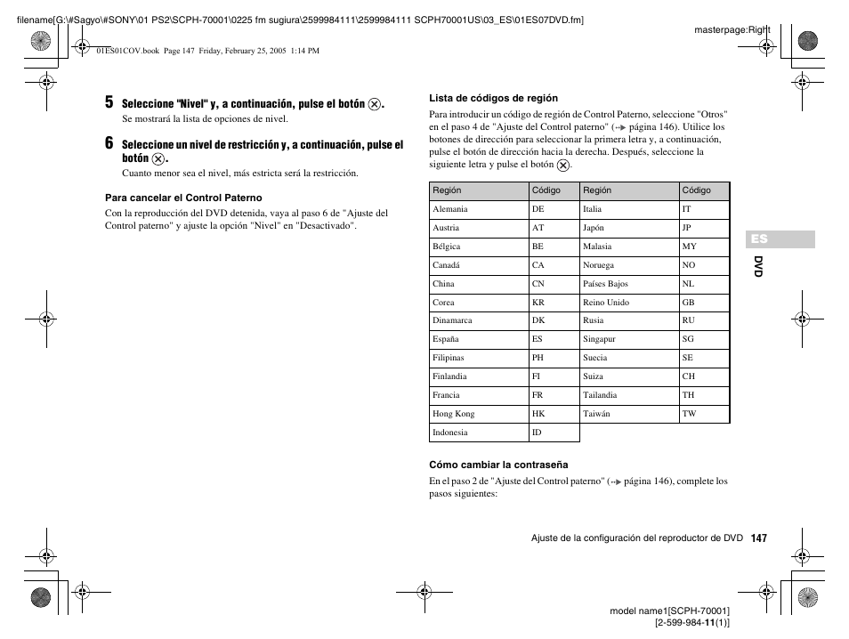 Lista de códigos de región | Sony NOT SCPH-70001 User Manual | Page 147 / 172
