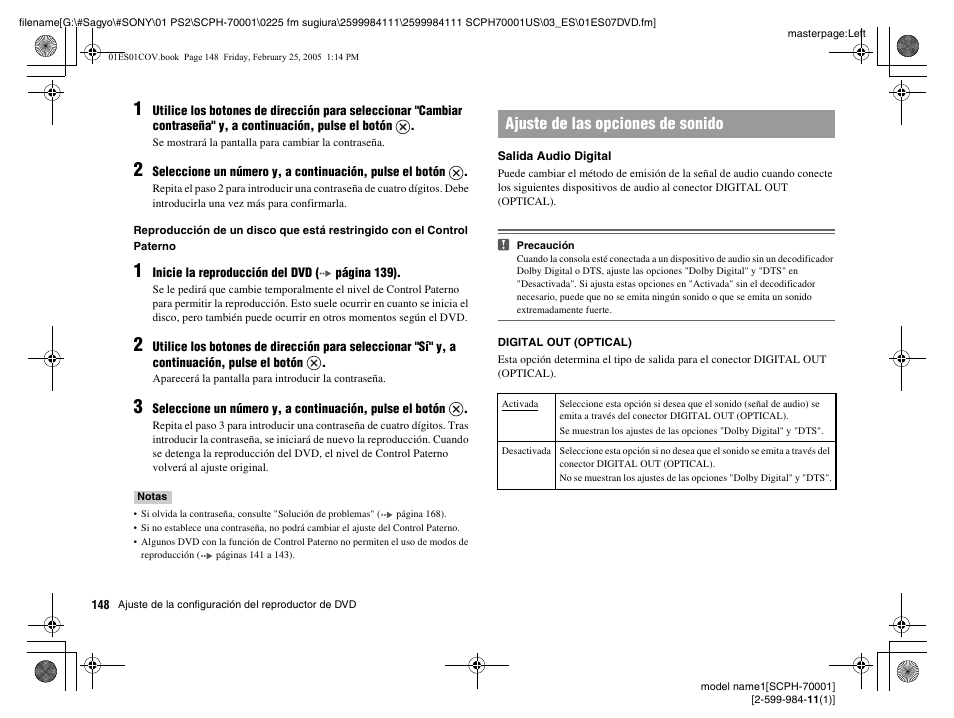 Ajuste de las opciones de sonido | Sony NOT SCPH-70001 User Manual | Page 148 / 172