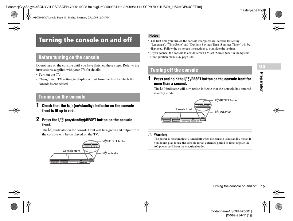 Turning the console on and off, Turning off the console | Sony NOT SCPH-70001 User Manual | Page 15 / 172