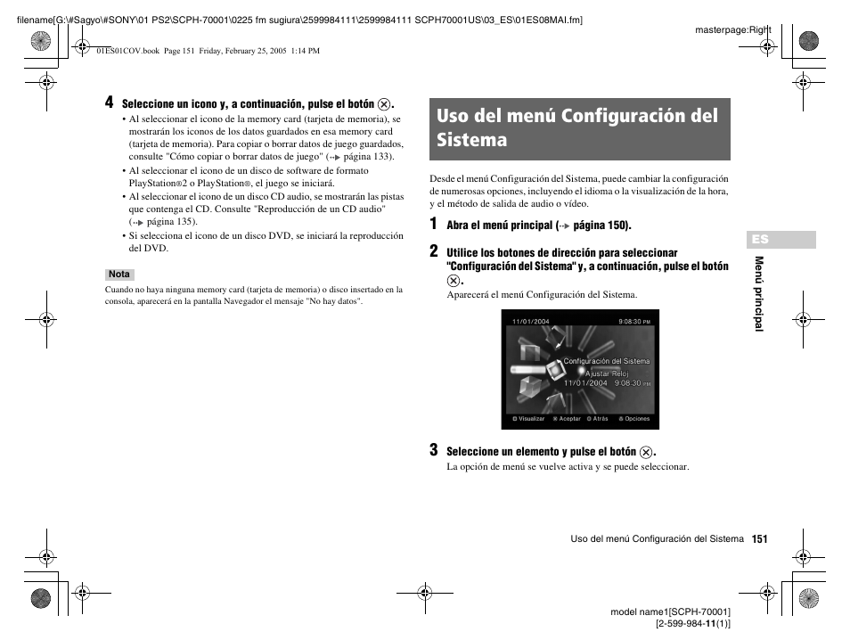 Uso del menú configuración del sistema | Sony NOT SCPH-70001 User Manual | Page 151 / 172