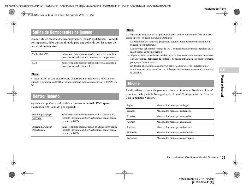 Salida de componentes de imagen, Control remoto, Idioma | Sony NOT SCPH-70001 User Manual | Page 153 / 172
