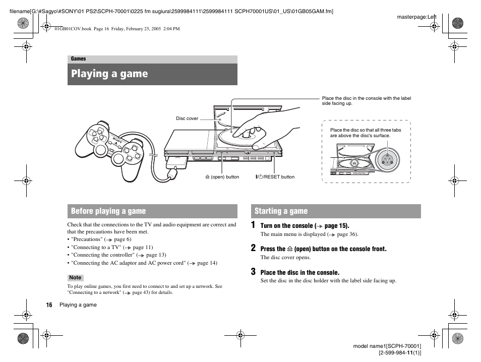 Games, Playing a game, Before playing a game starting a game | Sony NOT SCPH-70001 User Manual | Page 16 / 172