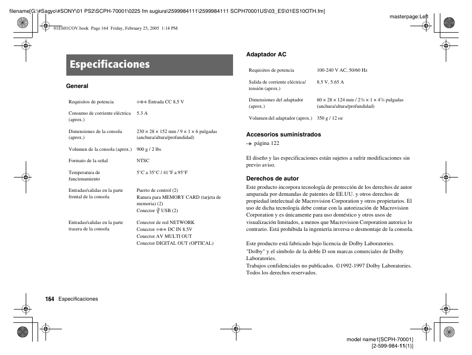 Especificaciones | Sony NOT SCPH-70001 User Manual | Page 164 / 172