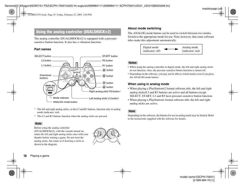 Using the analog controller (dualshock | Sony NOT SCPH-70001 User Manual | Page 18 / 172