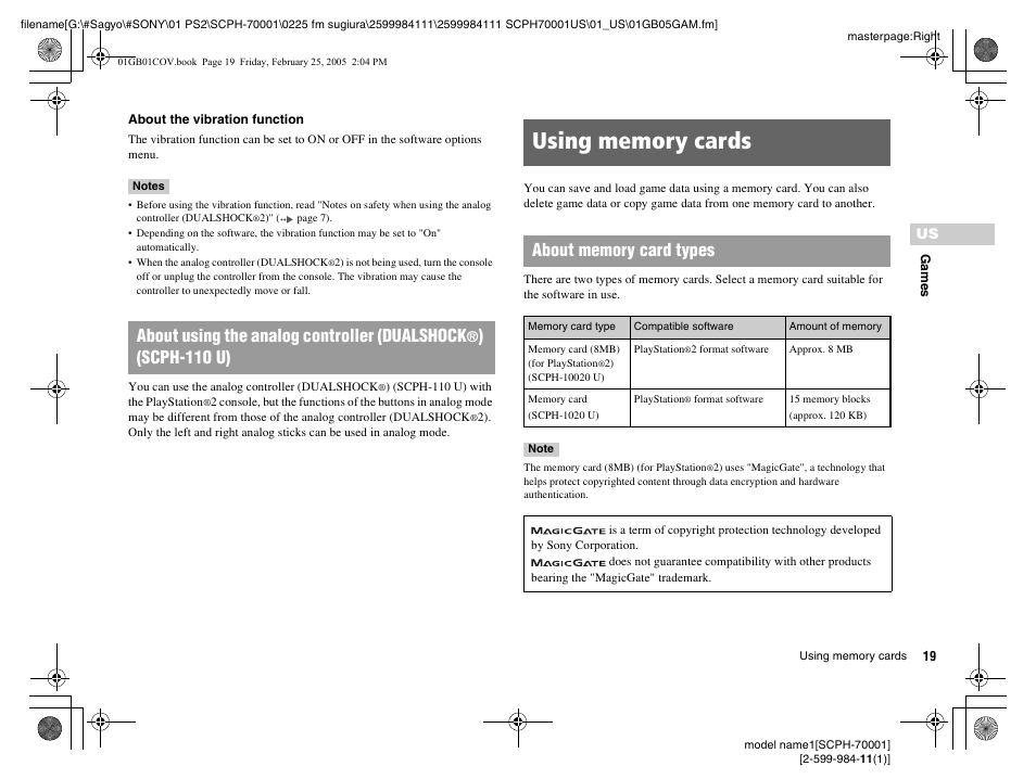 Using memory cards, About using the analog controller (dualshock, Scph-110 u) | Sony NOT SCPH-70001 User Manual | Page 19 / 172