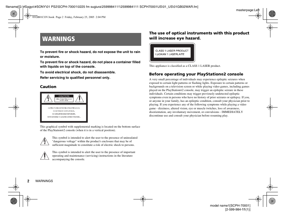 Warnings | Sony NOT SCPH-70001 User Manual | Page 2 / 172