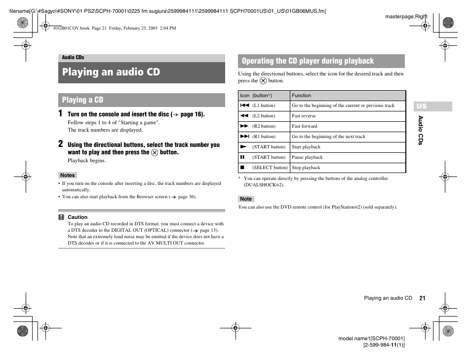 Audio cds, Playing an audio cd | Sony NOT SCPH-70001 User Manual | Page 21 / 172
