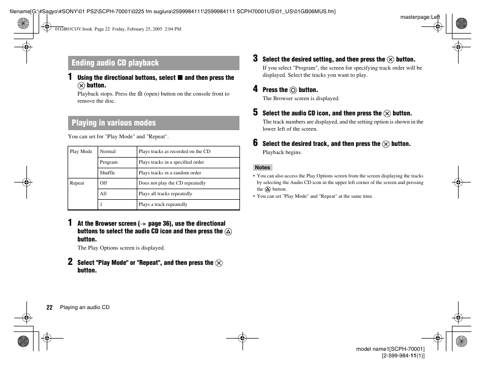 Ending audio cd playback playing in various modes | Sony NOT SCPH-70001 User Manual | Page 22 / 172