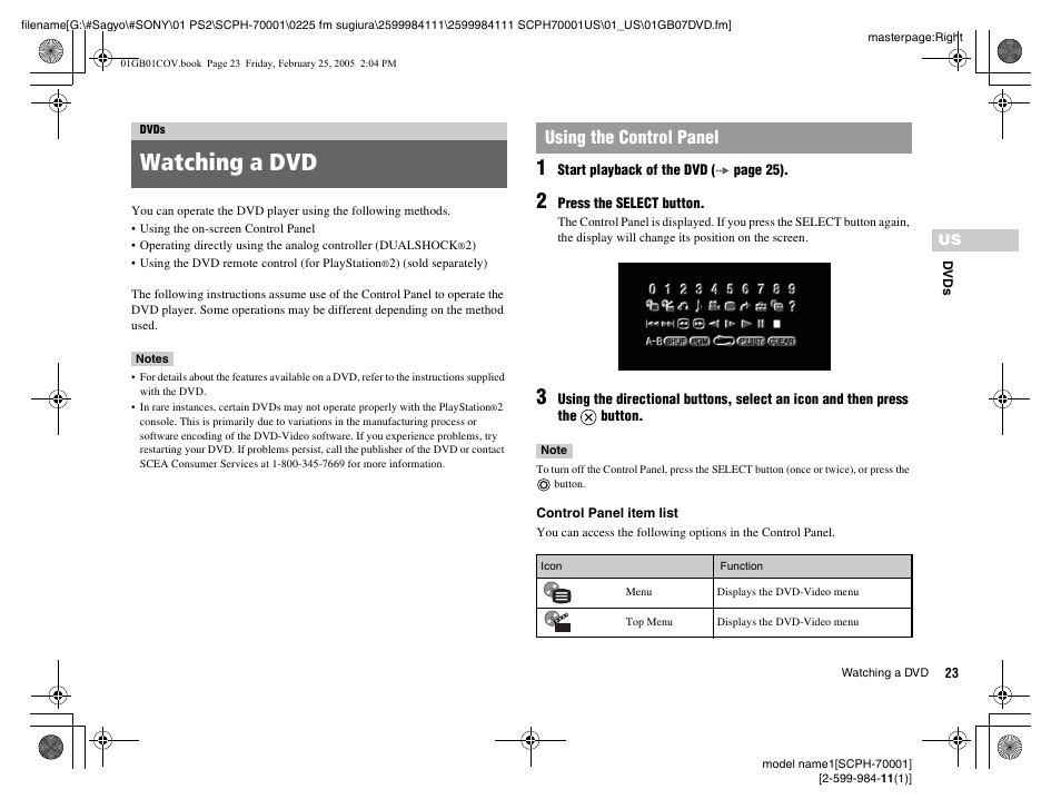 Dvds, Watching a dvd, Using the control panel | Sony NOT SCPH-70001 User Manual | Page 23 / 172