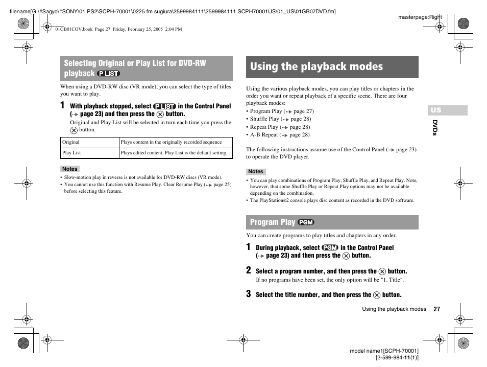 Using the playback modes, Program play | Sony NOT SCPH-70001 User Manual | Page 27 / 172