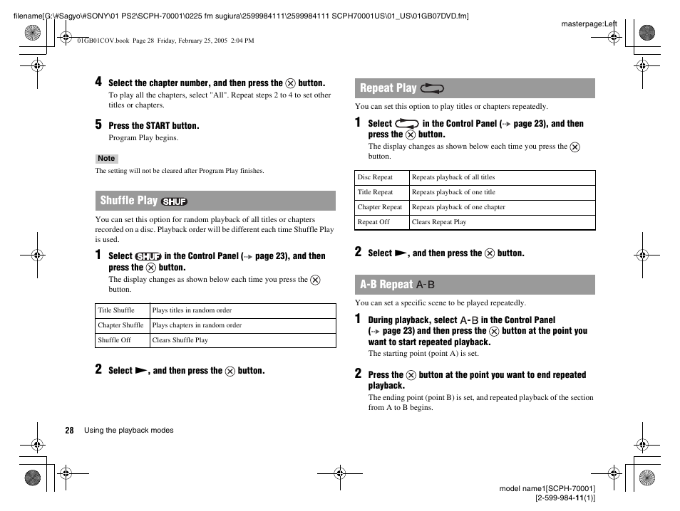 Shuffle play, Repeat play, A-b repeat | Sony NOT SCPH-70001 User Manual | Page 28 / 172