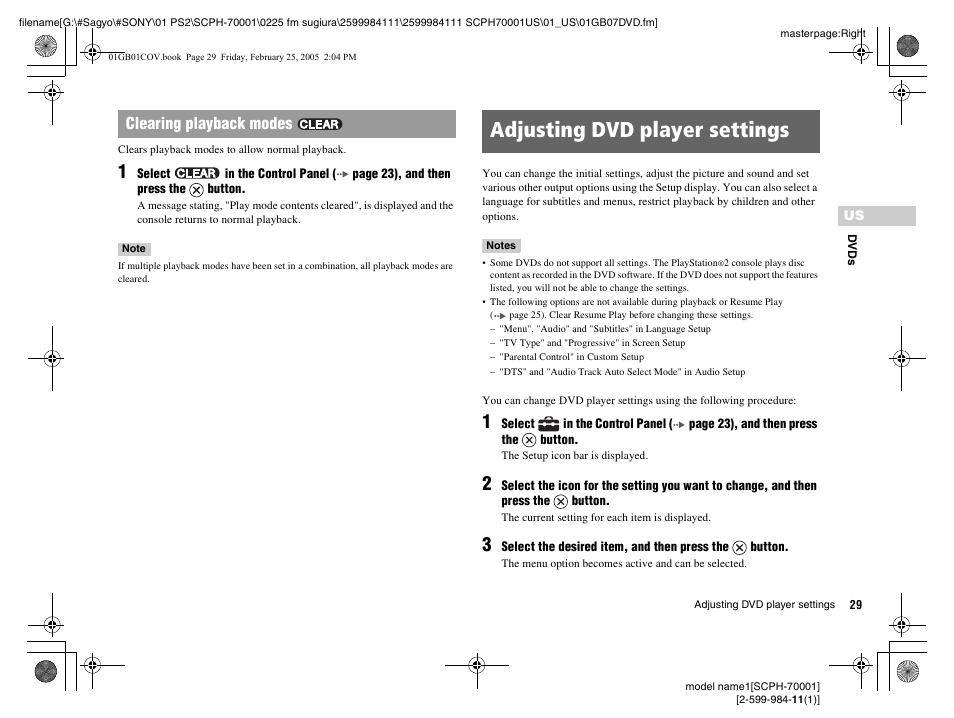 Adjusting dvd player settings, Clearing playback modes | Sony NOT SCPH-70001 User Manual | Page 29 / 172
