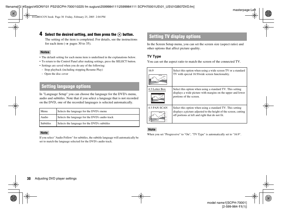 Setting language options, Setting tv display options | Sony NOT SCPH-70001 User Manual | Page 30 / 172