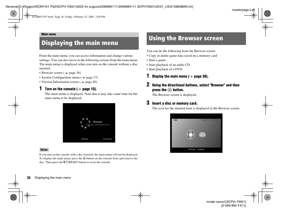 Main menu, Displaying the main menu using the browser screen | Sony NOT SCPH-70001 User Manual | Page 36 / 172