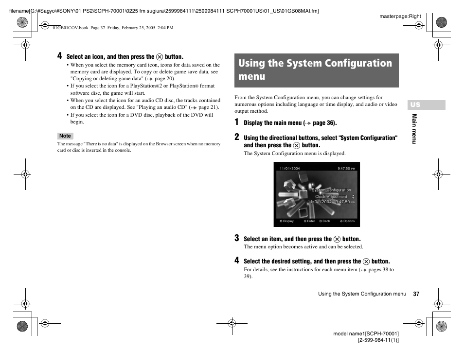 Using the system configuration menu | Sony NOT SCPH-70001 User Manual | Page 37 / 172