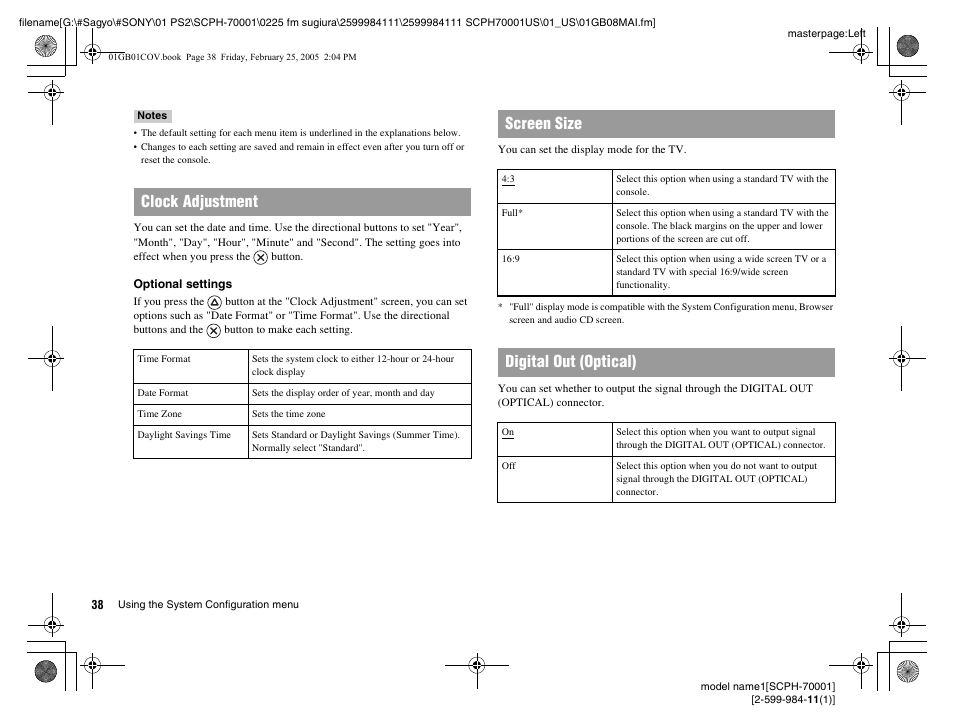 Clock adjustment, Screen size, Digital out (optical) | Sony NOT SCPH-70001 User Manual | Page 38 / 172