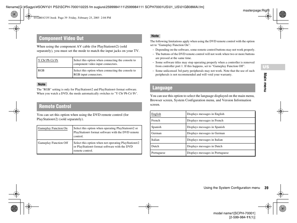 Component video out, Remote control, Language | Sony NOT SCPH-70001 User Manual | Page 39 / 172