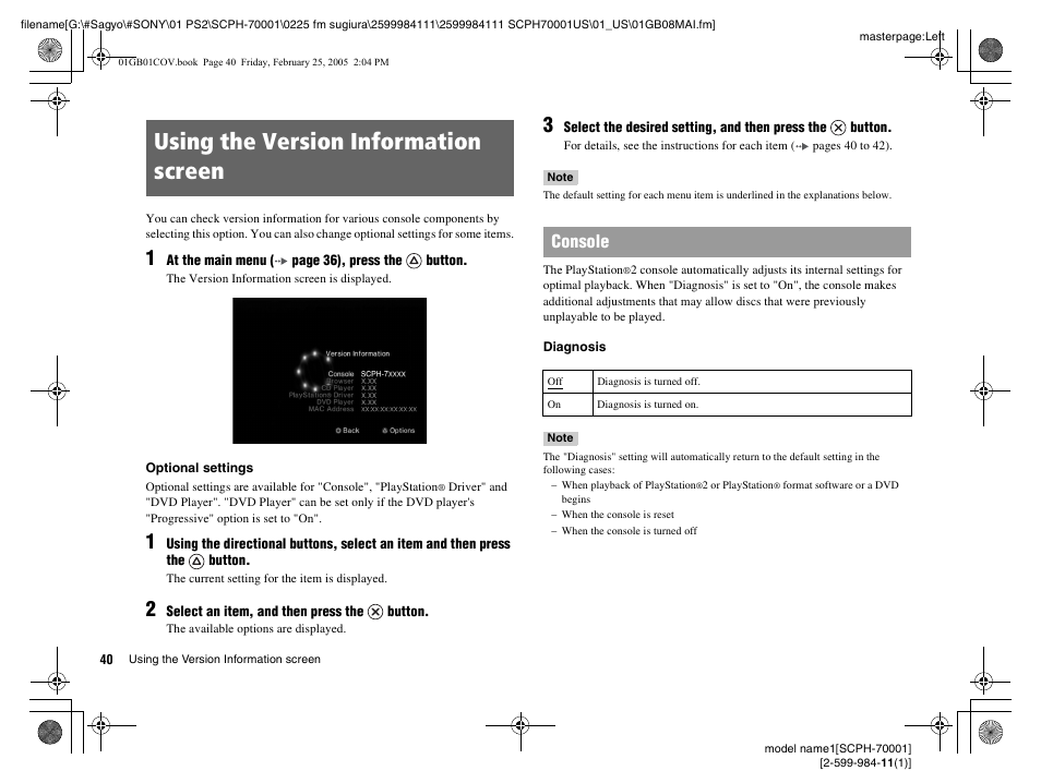 Using the version information screen, Console | Sony NOT SCPH-70001 User Manual | Page 40 / 172