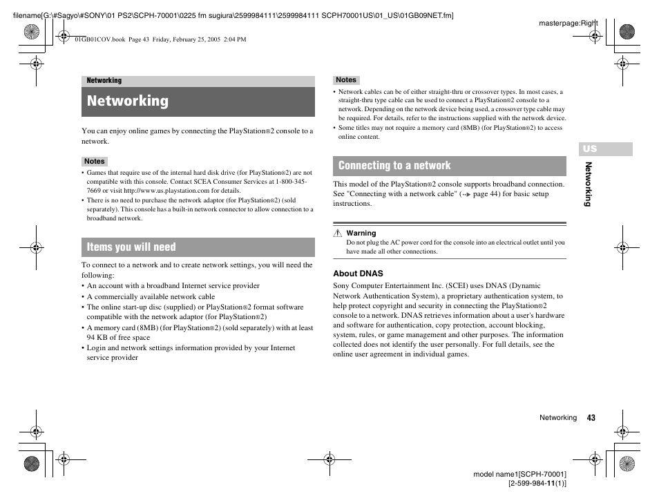 Networking, Items you will need connecting to a network | Sony NOT SCPH-70001 User Manual | Page 43 / 172