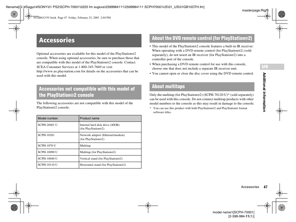 Accessories, 2 console, About the dvd remote control (for playstation | 2) about multitaps | Sony NOT SCPH-70001 User Manual | Page 47 / 172