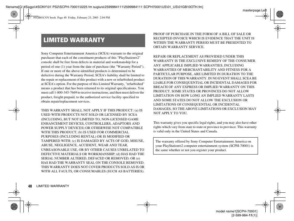 Limited warranty | Sony NOT SCPH-70001 User Manual | Page 48 / 172