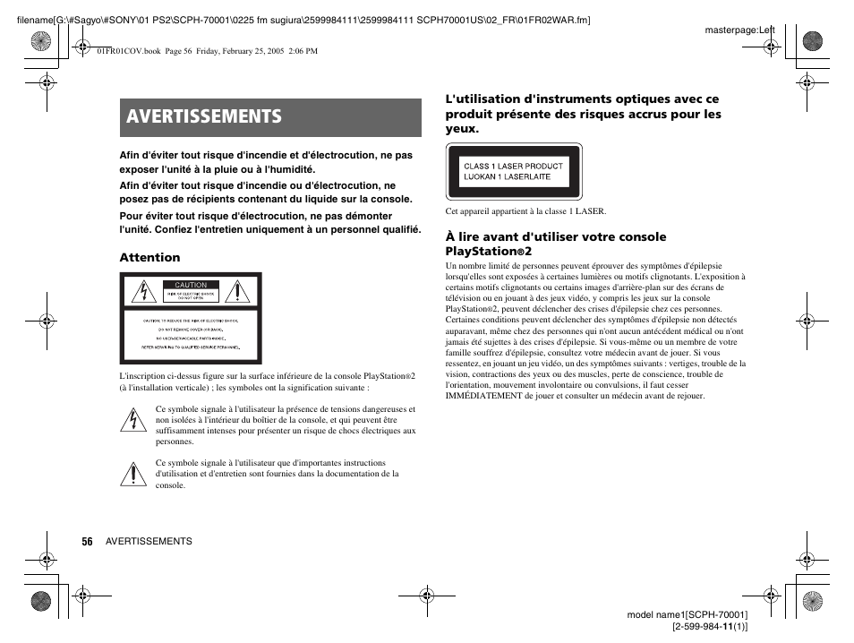 Avertissements | Sony NOT SCPH-70001 User Manual | Page 56 / 172