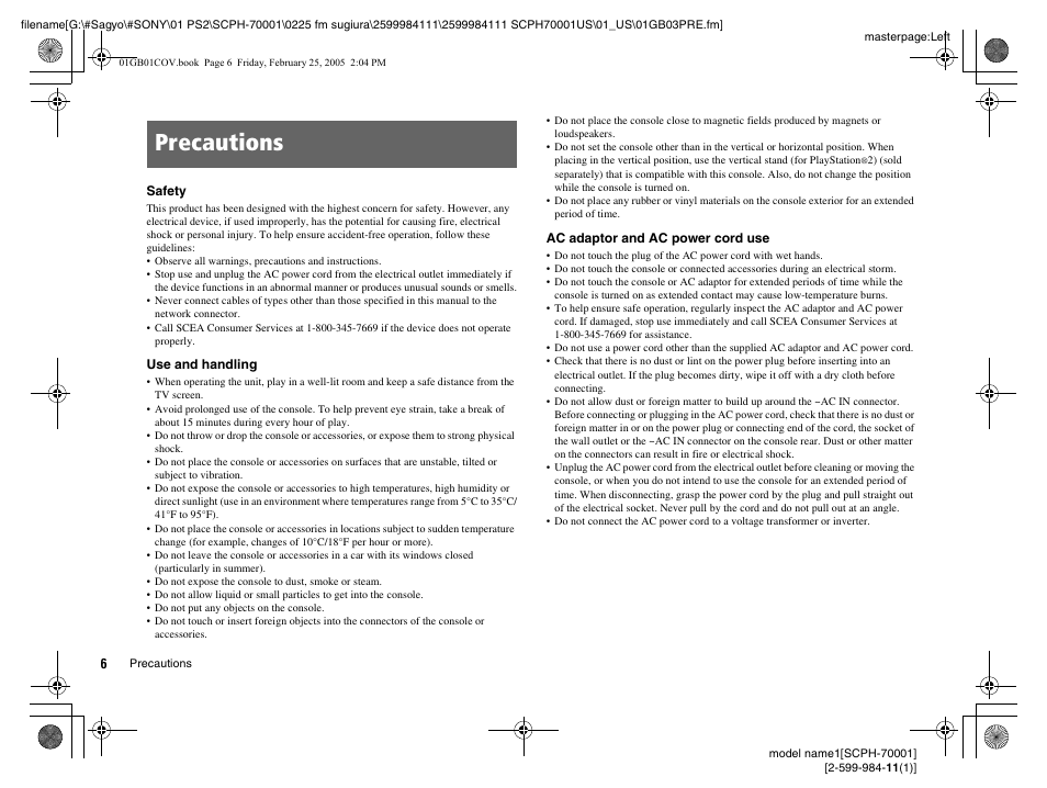 Precautions | Sony NOT SCPH-70001 User Manual | Page 6 / 172