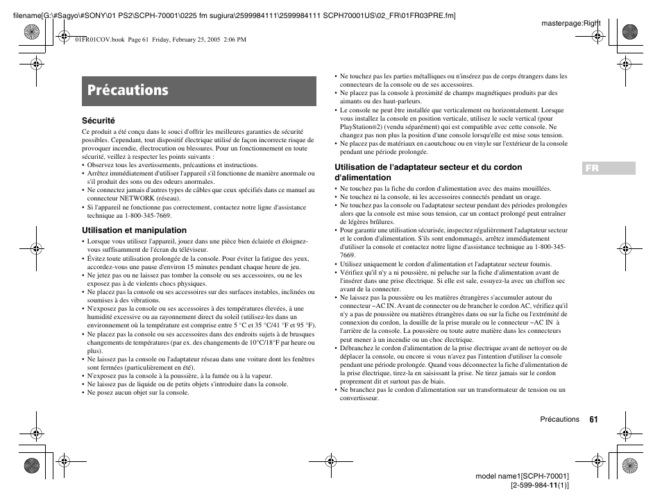 Précautions | Sony NOT SCPH-70001 User Manual | Page 61 / 172