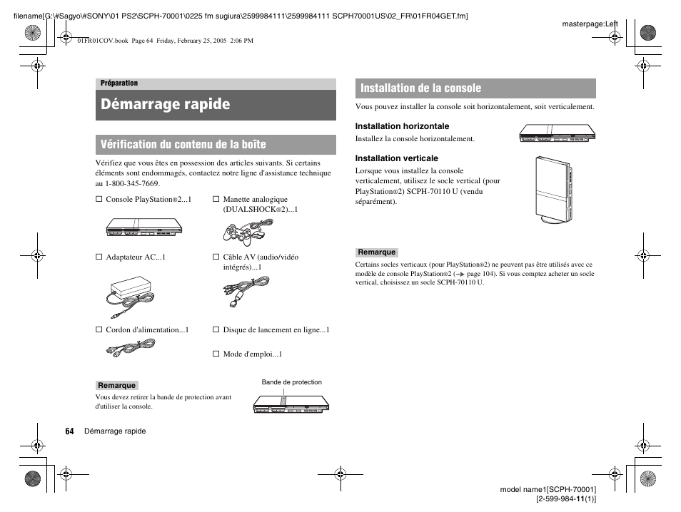 Préparation, Démarrage rapide, Vérification du contenu de la boîte | Installation de la console | Sony NOT SCPH-70001 User Manual | Page 64 / 172