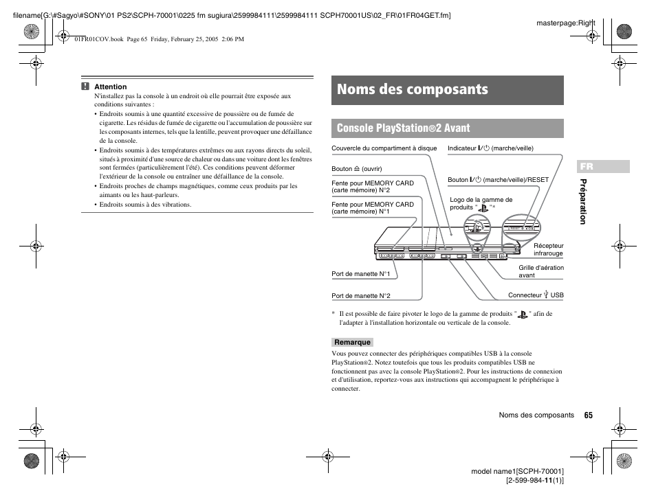 Noms des composants, Console playstation, 2 avant | Sony NOT SCPH-70001 User Manual | Page 65 / 172