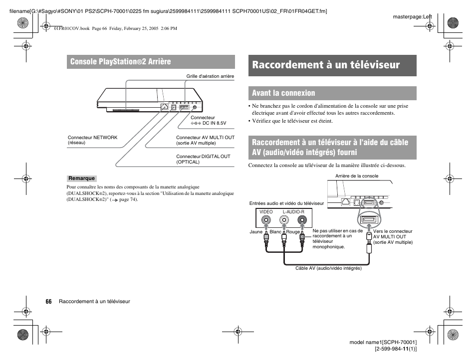 Raccordement à un téléviseur, Console playstation, 2 arrière | Sony NOT SCPH-70001 User Manual | Page 66 / 172
