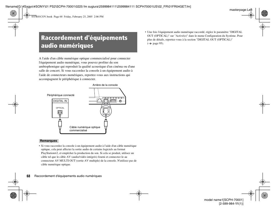 Raccordement d'équipements audio numériques | Sony NOT SCPH-70001 User Manual | Page 68 / 172