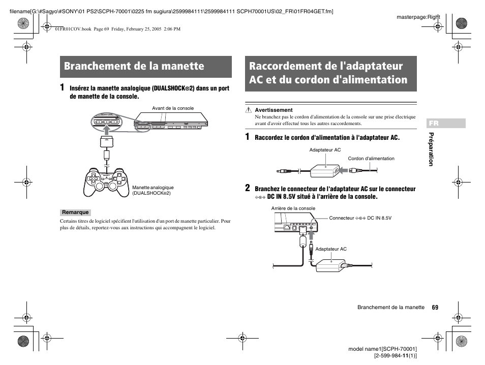 Du cordon d'alimentation, Branchement de la manette | Sony NOT SCPH-70001 User Manual | Page 69 / 172