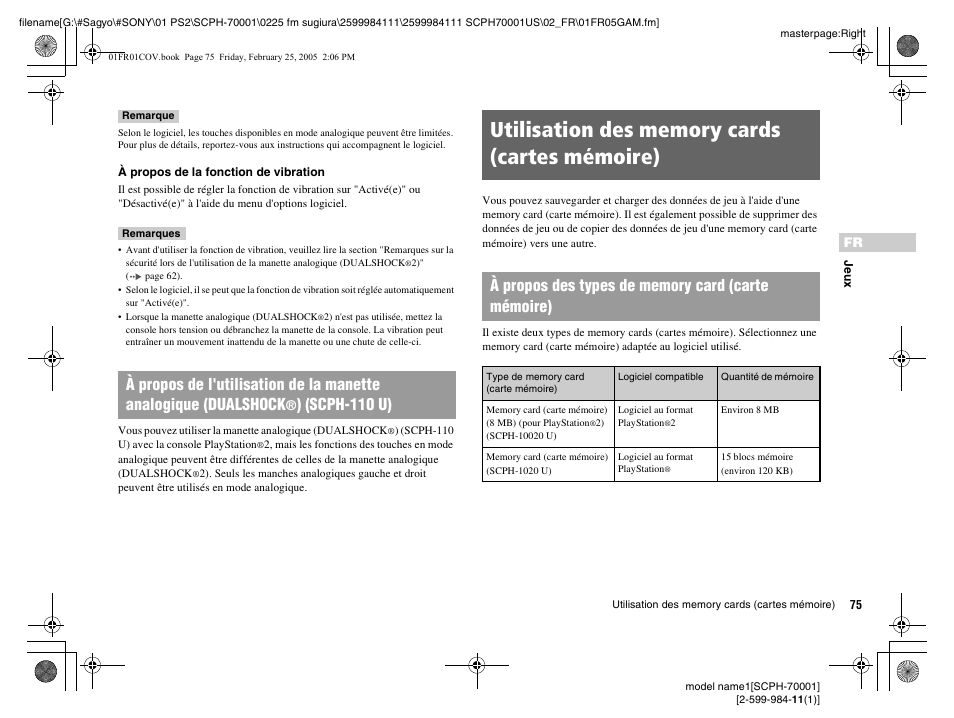 Utilisation des memory cards (cartes mémoire), Scph-110 u) | Sony NOT SCPH-70001 User Manual | Page 75 / 172