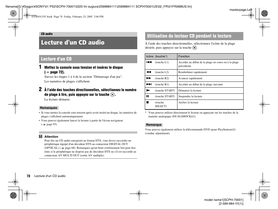 Cd audio, Lecture d'un cd audio | Sony NOT SCPH-70001 User Manual | Page 78 / 172