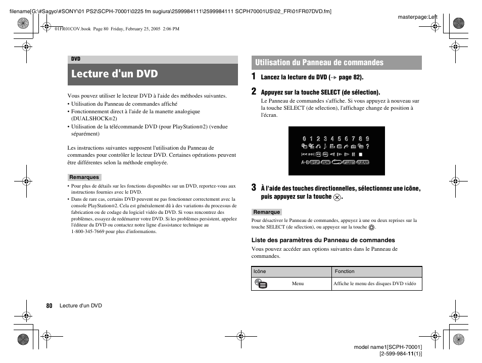 Lecture d'un dvd, Utilisation du panneau de commandes | Sony NOT SCPH-70001 User Manual | Page 80 / 172