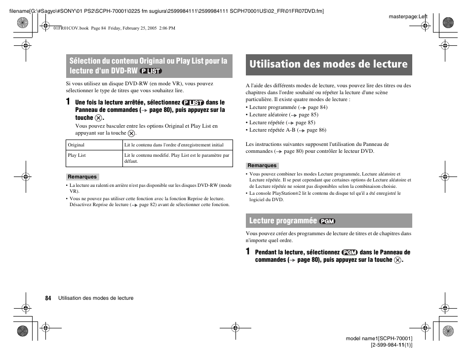 Utilisation des modes de lecture, Lecture programmée | Sony NOT SCPH-70001 User Manual | Page 84 / 172
