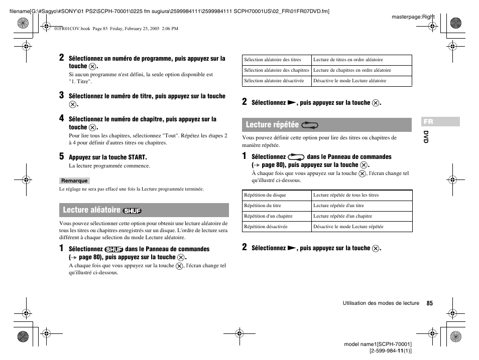 Lecture aléatoire, Lecture répétée | Sony NOT SCPH-70001 User Manual | Page 85 / 172