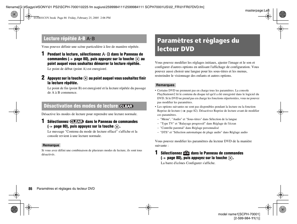 Paramètres et réglages du lecteur dvd | Sony NOT SCPH-70001 User Manual | Page 86 / 172