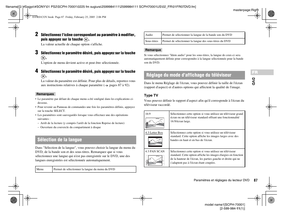 Sélection de la langue, Réglage du mode d'affichage du téléviseur | Sony NOT SCPH-70001 User Manual | Page 87 / 172