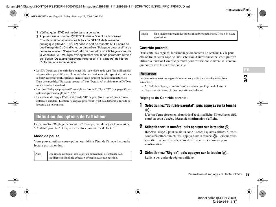 Définition des options de l'afficheur | Sony NOT SCPH-70001 User Manual | Page 89 / 172