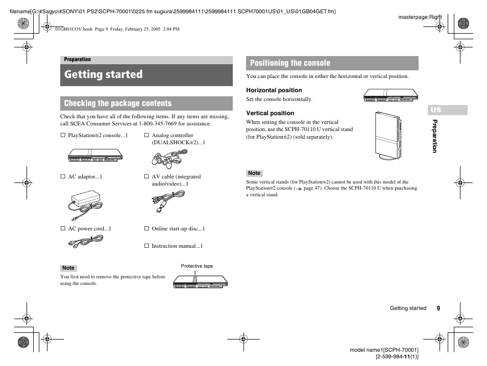 Preparation, Getting started, Checking the package contents | Positioning the console | Sony NOT SCPH-70001 User Manual | Page 9 / 172