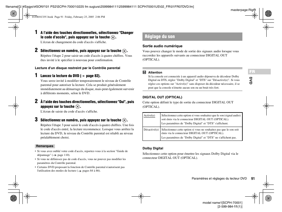 Réglage du son | Sony NOT SCPH-70001 User Manual | Page 91 / 172