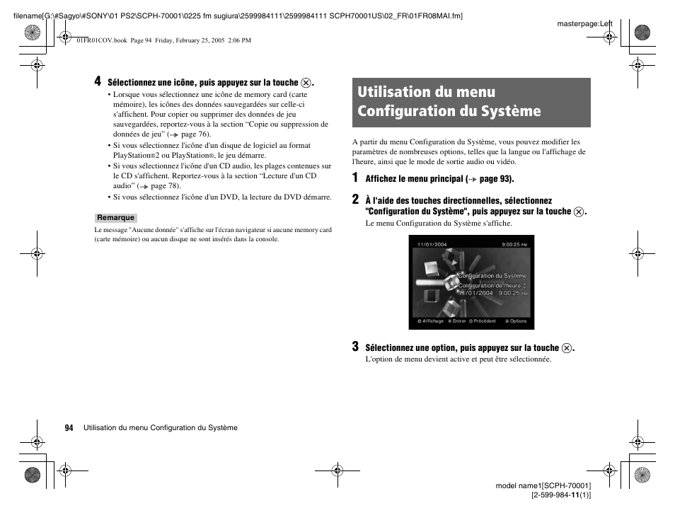 Utilisation du menu configuration du système | Sony NOT SCPH-70001 User Manual | Page 94 / 172