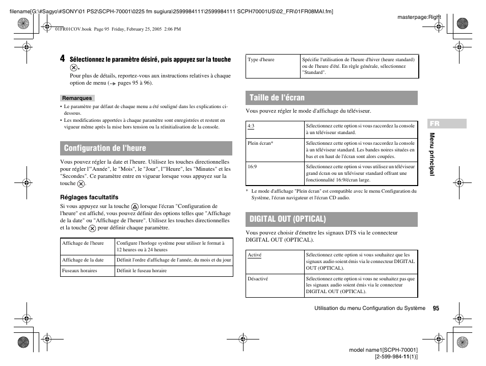 Configuration de l'heure, Taille de l'écran, Digital out (optical) | Sony NOT SCPH-70001 User Manual | Page 95 / 172