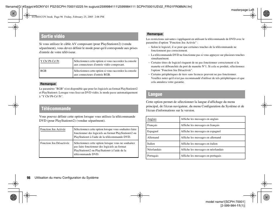 Sortie vidéo, Télécommande, Langue | Sony NOT SCPH-70001 User Manual | Page 96 / 172