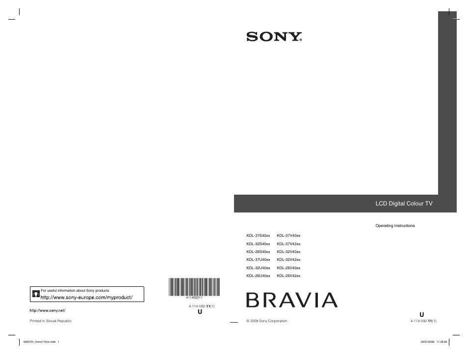 Sony BRAVIA KDL-26V42xx User Manual | 31 pages