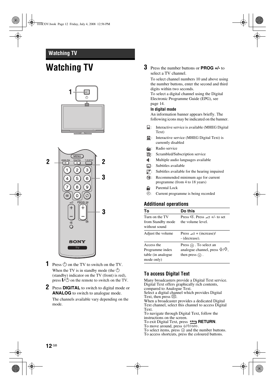 Watching tv | Sony BRAVIA KDL-26V42xx User Manual | Page 12 / 31