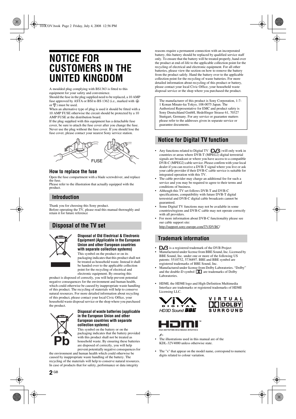 Notice for customers in the united kingdom, Disposal of the tv set, Notice for digital tv function | Introduction, Trademark information | Sony BRAVIA KDL-26V42xx User Manual | Page 2 / 31