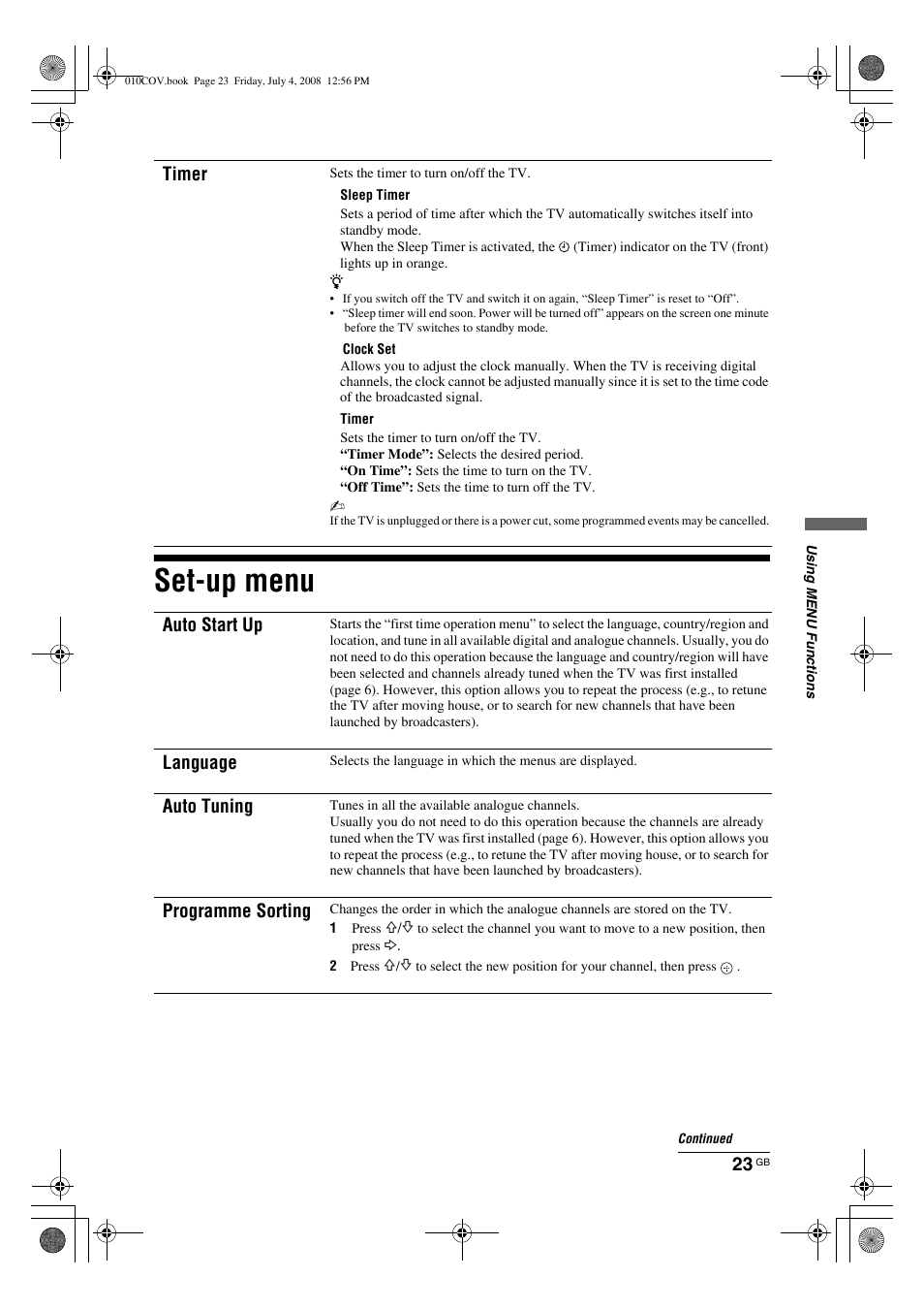 Set-up menu, Timer, Auto start up | Language, Auto tuning, Programme sorting | Sony BRAVIA KDL-26V42xx User Manual | Page 23 / 31